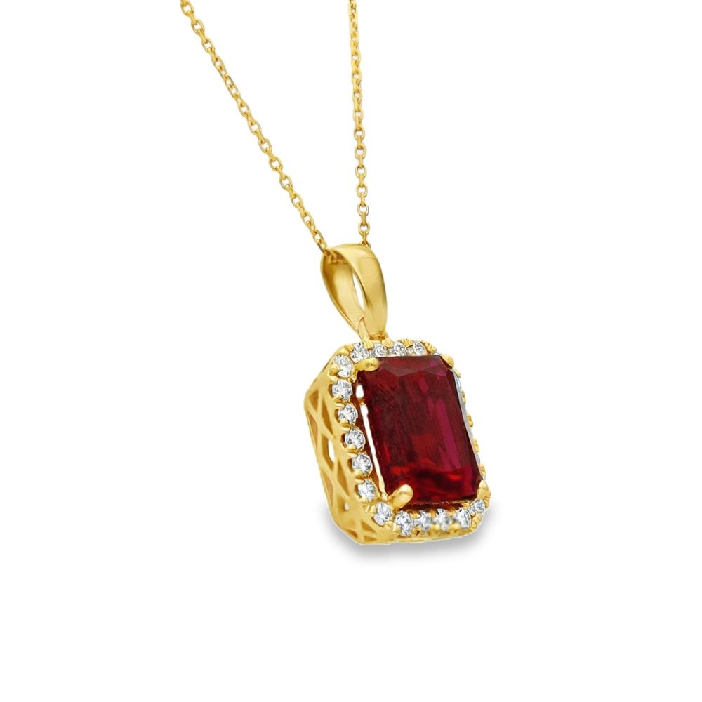 4.33ct Yellow Gold Emerald Ruby & Diamond Halo Necklace - F/G/VS