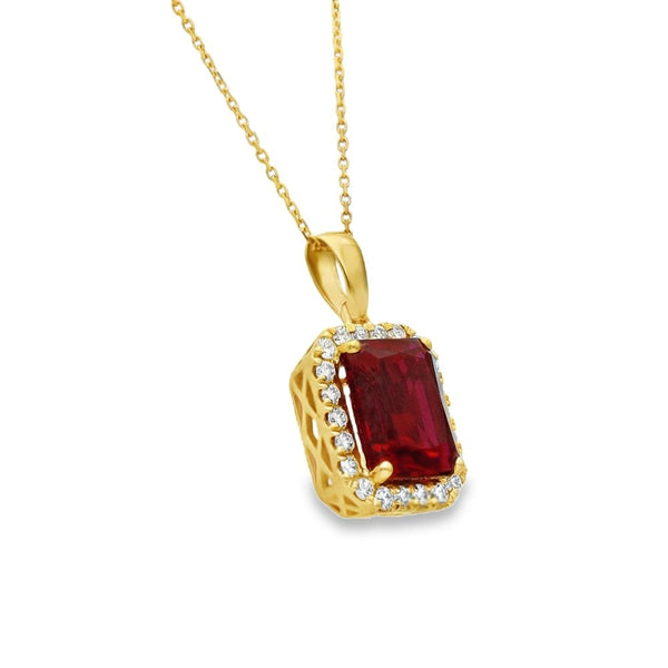 4.33ct Yellow Gold Emerald Ruby & Diamond Halo Necklace - F/G/VS