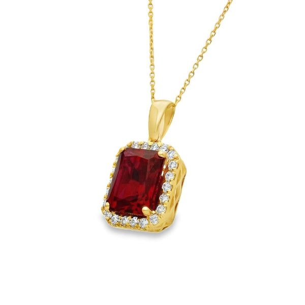 4.33ct Yellow Gold Emerald Ruby & Diamond Halo Necklace - F/G/VS