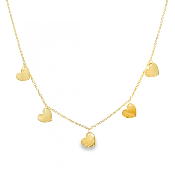 9ct Yellow Gold 5 Heart Drop Trace Necklace - 16/17" - 2.0g