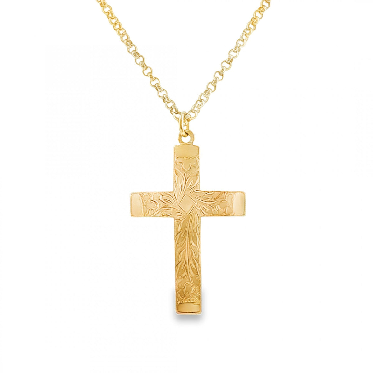 9ct Yellow Gold Engraved Cross Pendant & Necklace - 20" - 10.2g