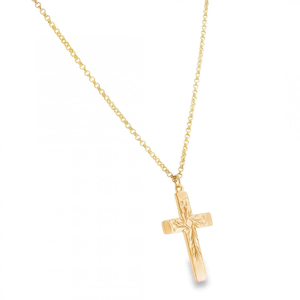 9ct Yellow Gold Engraved Cross Pendant & Necklace - 20" - 10.2g