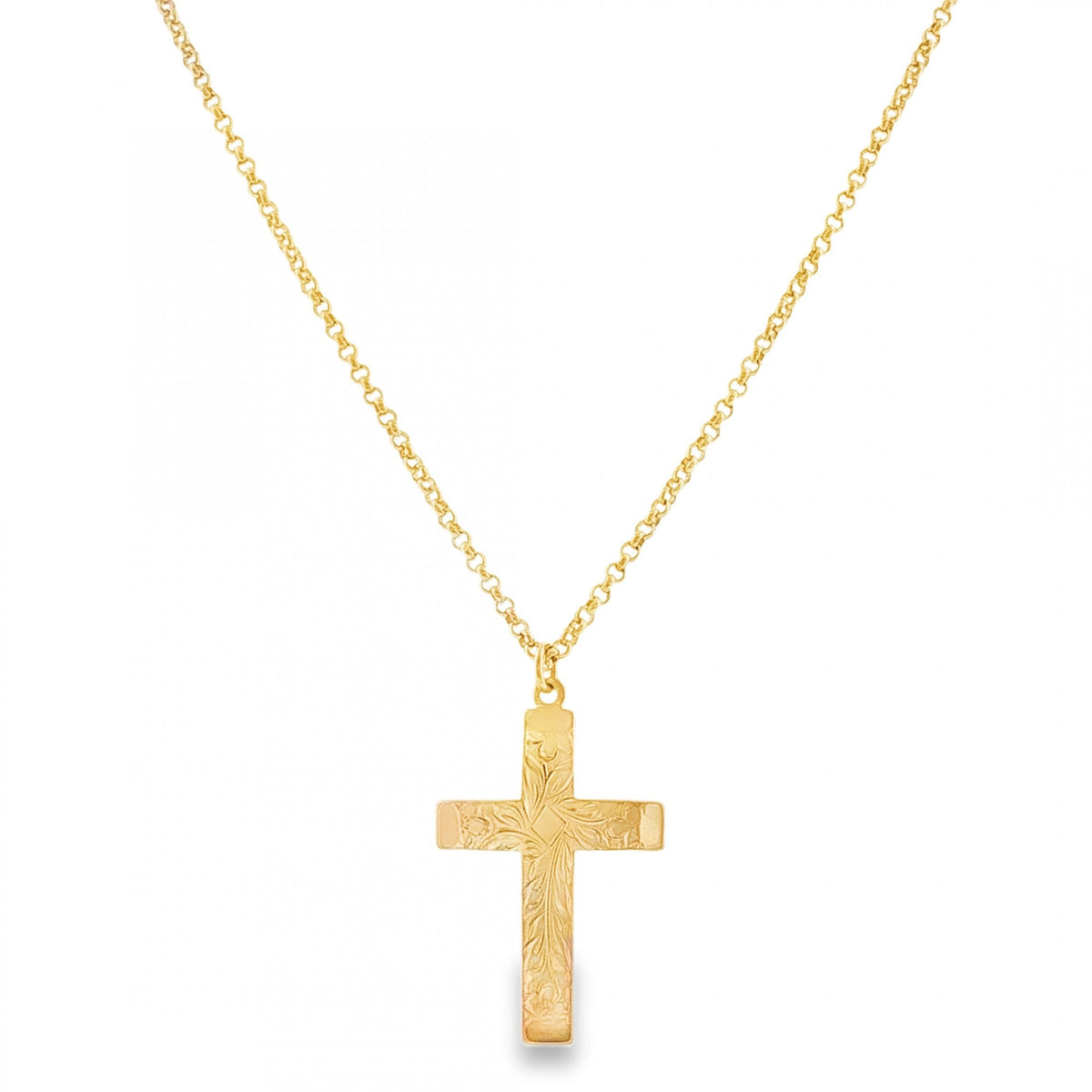 9ct Yellow Gold Engraved Cross Pendant & Necklace - 20" - 10.2g