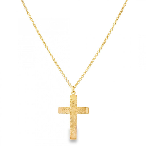 9ct Yellow Gold Engraved Cross Pendant & Necklace - 20" - 10.2g