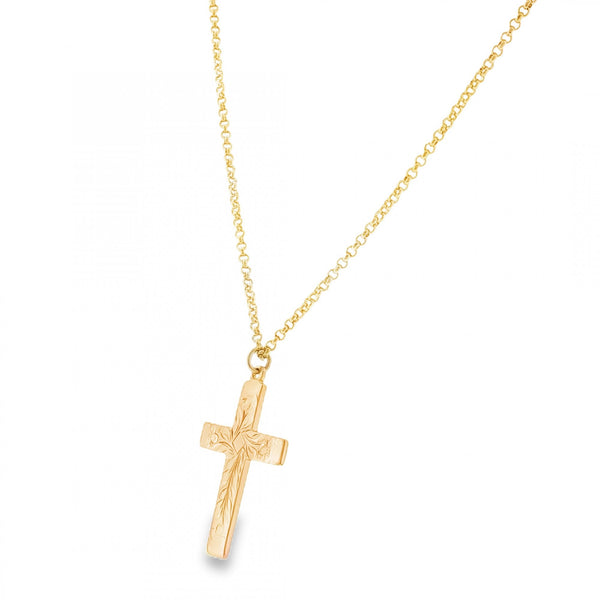 9ct Yellow Gold Engraved Cross Pendant & Necklace - 20" - 10.2g