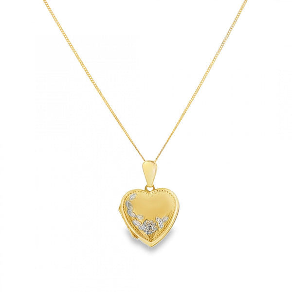 9ct Yellow & White Gold Heart Locket & Necklace - 20" - 2.3g