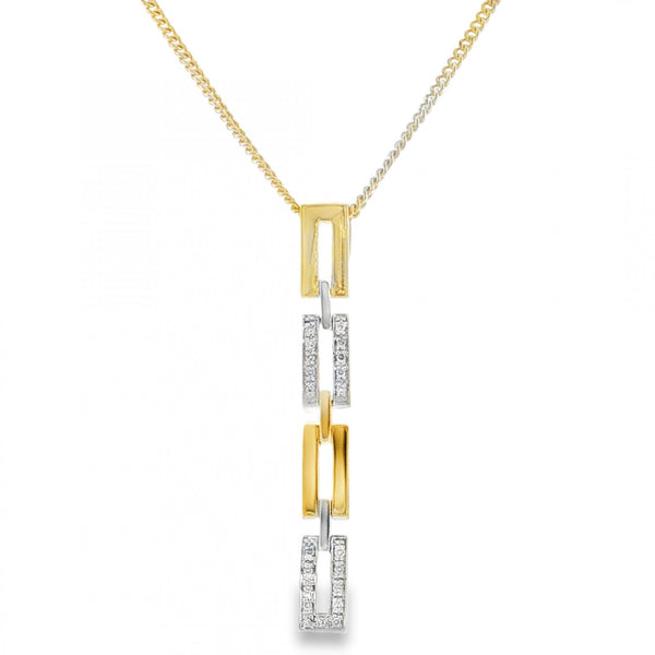 9ct Yellow & White Gold Diamond Brick Drop Pendant & Necklace