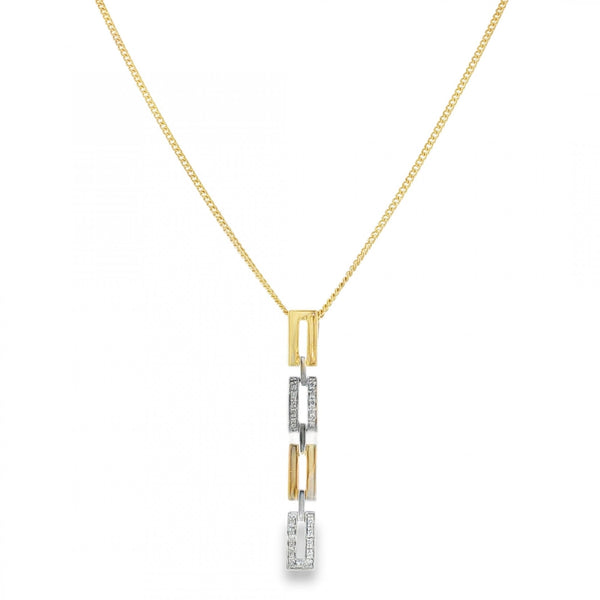 9ct Yellow & White Gold Diamond Brick Drop Pendant & Necklace