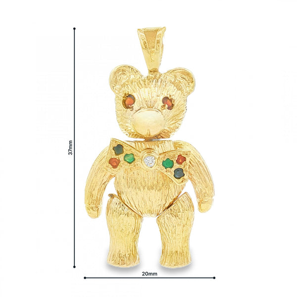 9ct Yellow Gold Multi-Gem Teddy Bear Pendant - 20x37x10mm - 7.1g