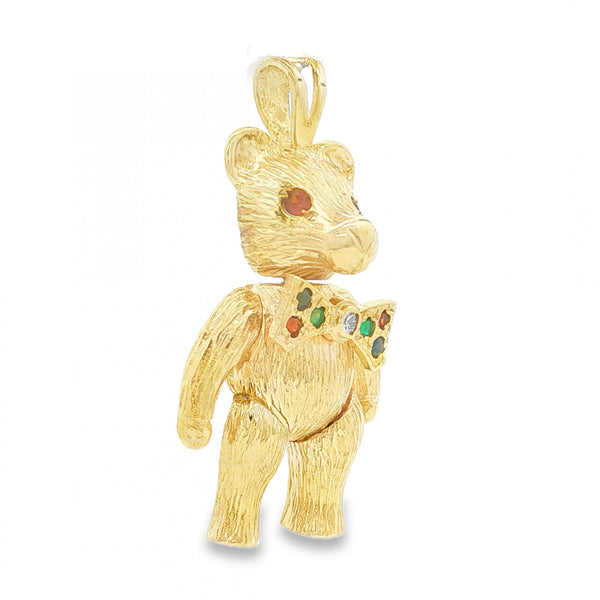 9ct Yellow Gold Multi-Gem Teddy Bear Pendant - 20x37x10mm - 7.1g