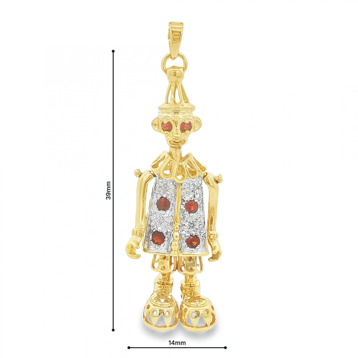 9ct Yellow Gold Garnet & Diamond Jester Pendant - 14x39x10mm