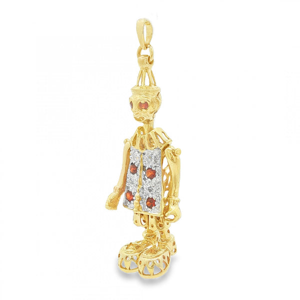 9ct Yellow Gold Garnet & Diamond Jester Pendant - 14x39x10mm