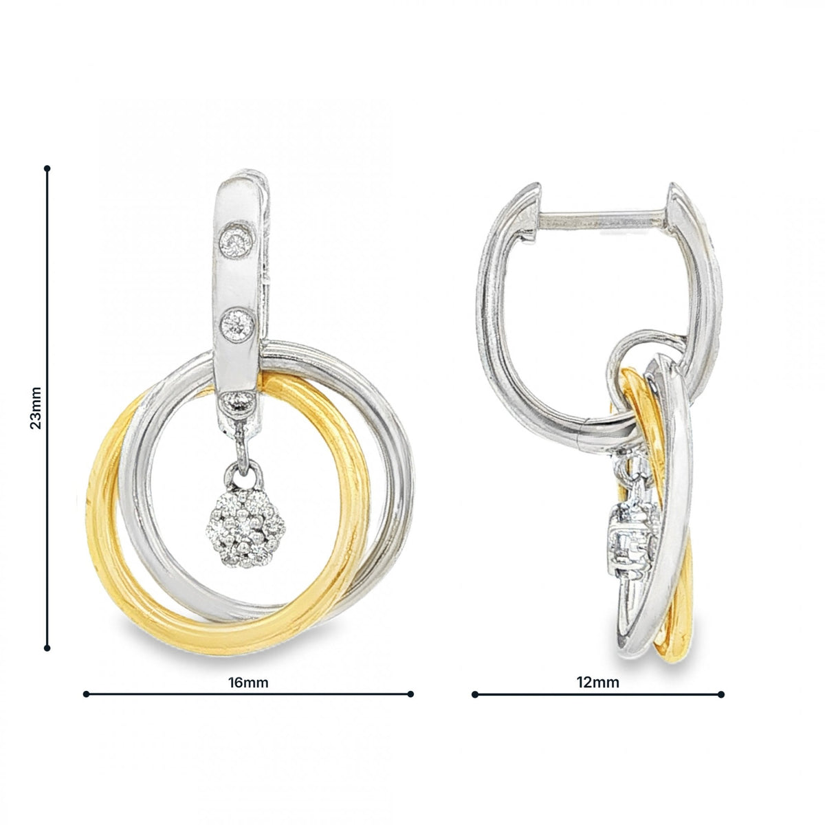 18ct Yellow & White Gold Diamond Double Hoop Drop Earrings