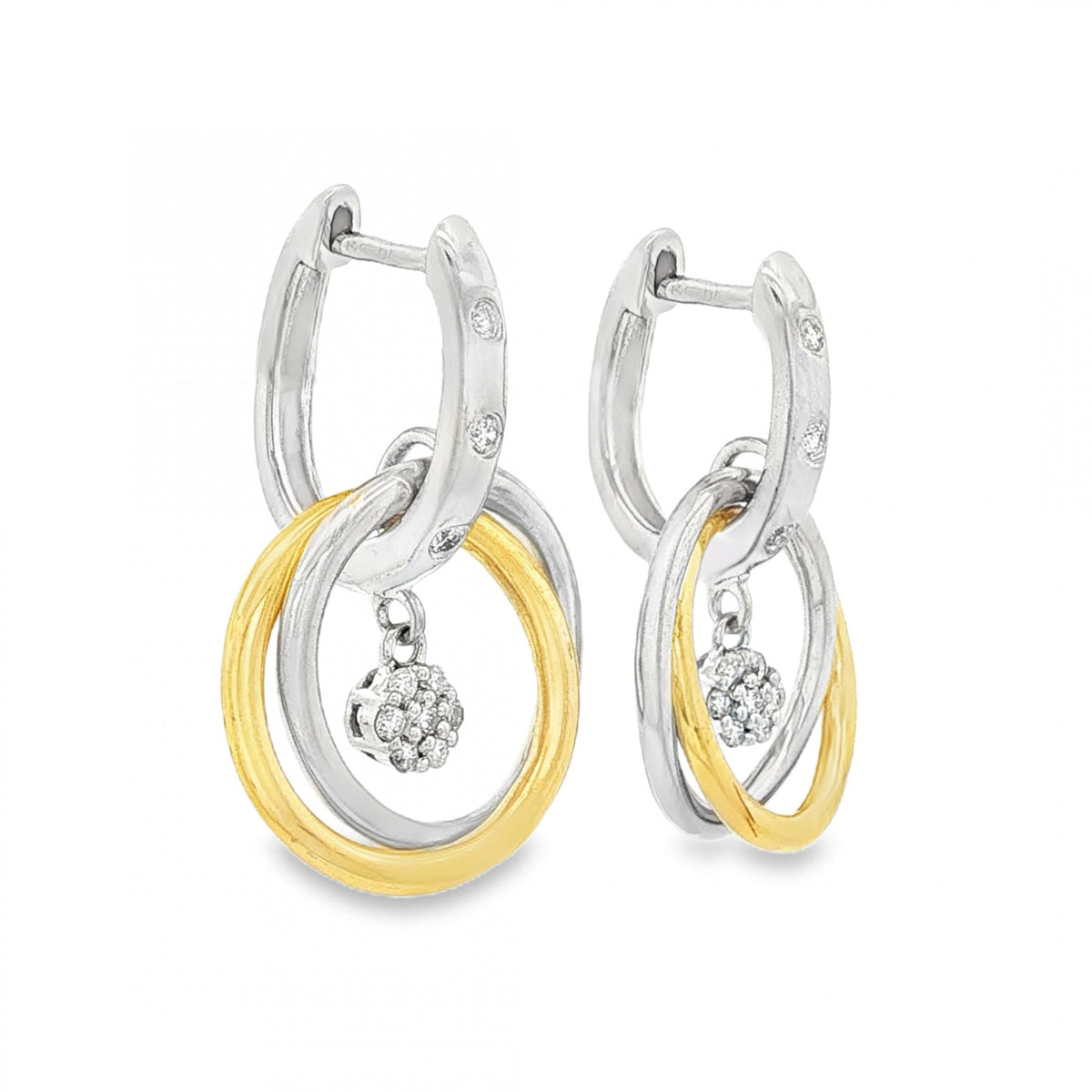 18ct Yellow & White Gold Diamond Double Hoop Drop Earrings
