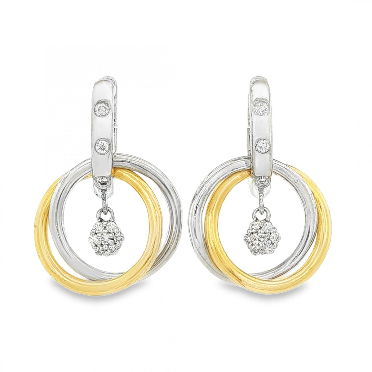 18ct Yellow & White Gold Diamond Double Hoop Drop Earrings