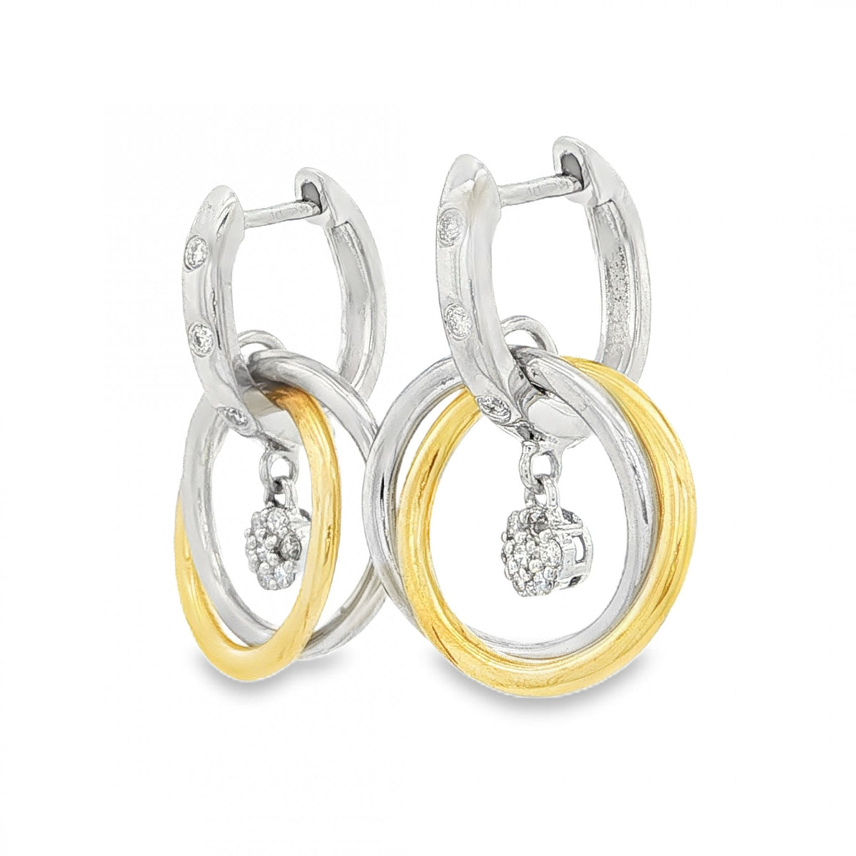 18ct Yellow & White Gold Diamond Double Hoop Drop Earrings