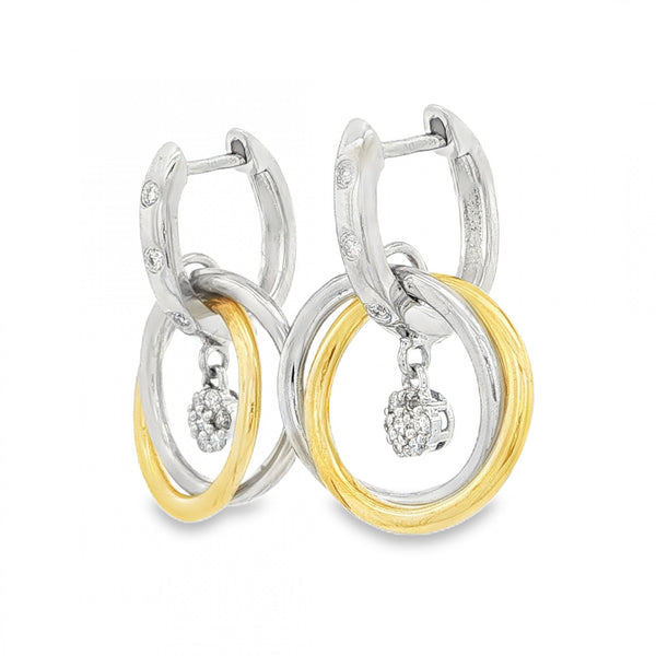 18ct Yellow & White Gold Diamond Double Hoop Drop Earrings
