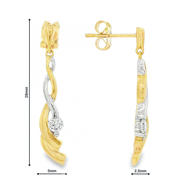 9ct Yellow & White Gold CZ Coil Drop Earrings - 5x28x2.5mm -2.4g