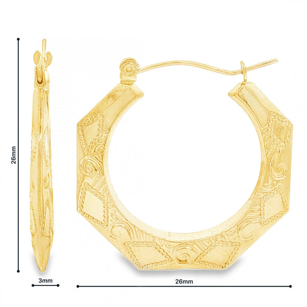 9ct Yellow Gold Octagon Hoop Earrings - 3x26x26mm - 1.6g