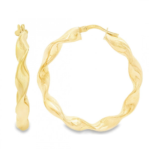 9ct Yellow Gold Large Twist Hoop Earrings - 5x39x38mm - 3.4g