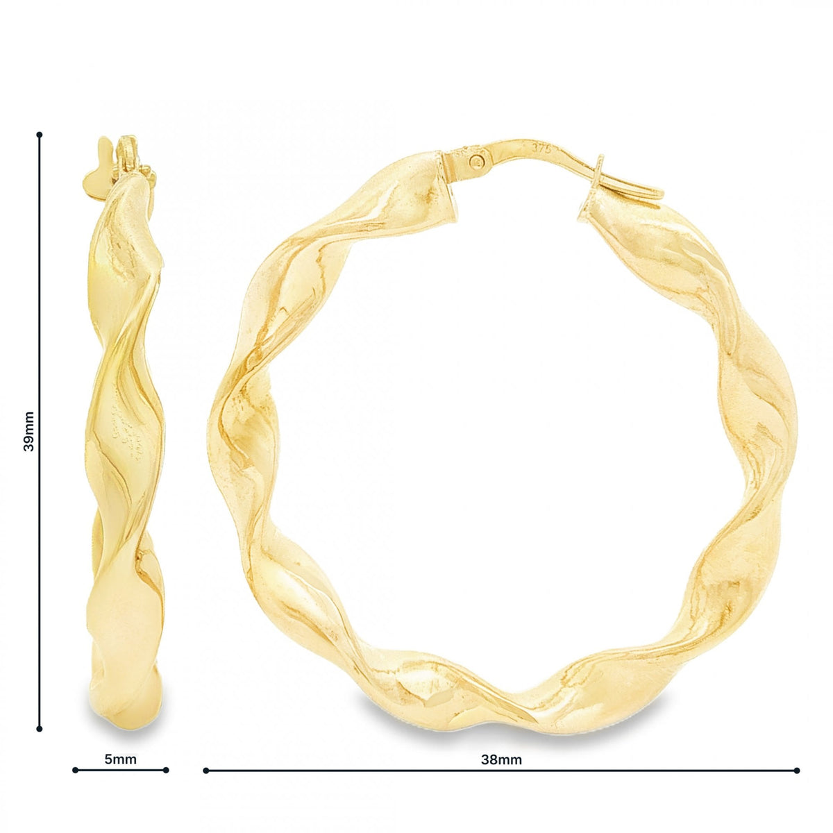 9ct Yellow Gold Large Twist Hoop Earrings - 5x39x38mm - 3.4g