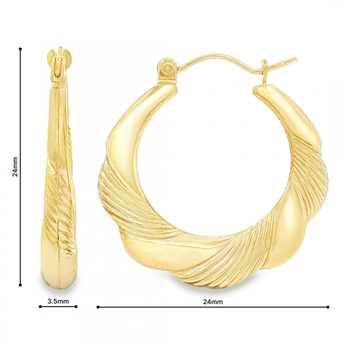 9ct Yellow Gold Round Scallop Hoop Earrings - 3.5x24x24mm - 1.3g