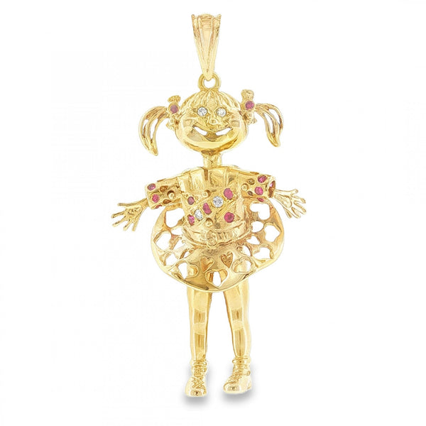 9ct Yellow Gold Ruby & CZ Cheeky Dolly Pendant - 36x61x14mm