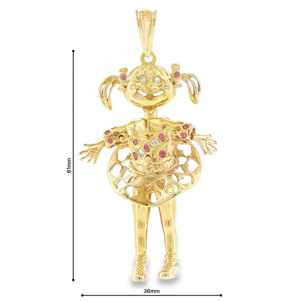 9ct Yellow Gold Ruby & CZ Cheeky Dolly Pendant - 36x61x14mm
