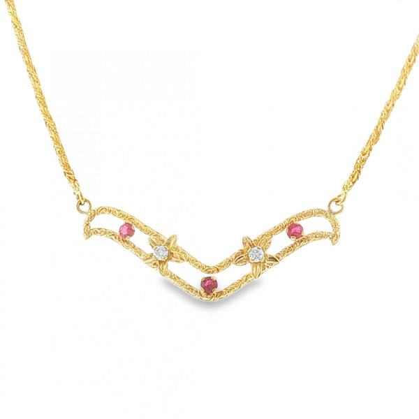 18ct Yellow Gold Ruby & Diamond Necklet - 15" - 0.24ct
