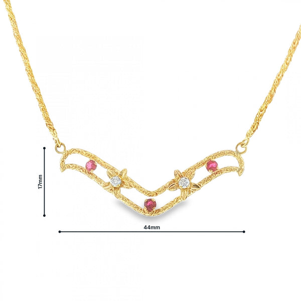 18ct Yellow Gold Ruby & Diamond Necklet - 15" - 0.24ct