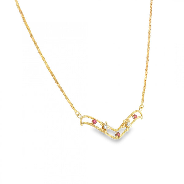 18ct Yellow Gold Ruby & Diamond Necklet - 15" - 0.24ct