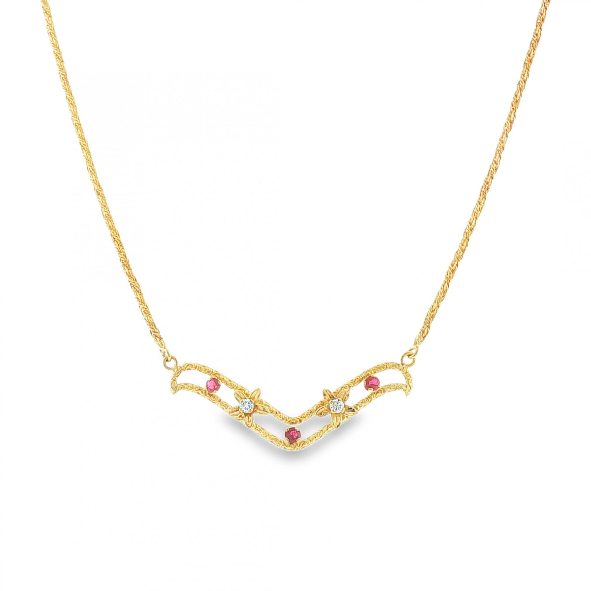 18ct Yellow Gold Ruby & Diamond Necklet - 15" - 0.24ct