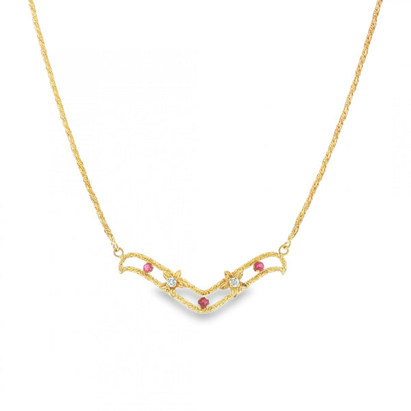 18ct Yellow Gold Ruby & Diamond Necklet - 15" - 0.24ct