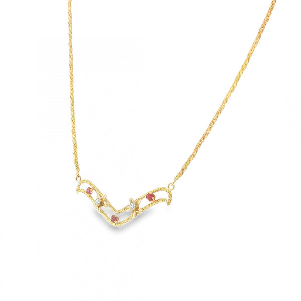 18ct Yellow Gold Ruby & Diamond Necklet - 15" - 0.24ct