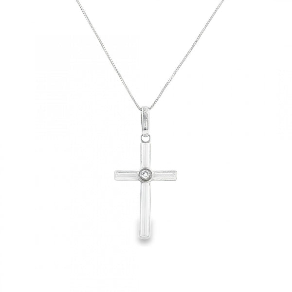 9ct White Gold Diamond Cross Pendant & Necklace - 18" - 0.05ct