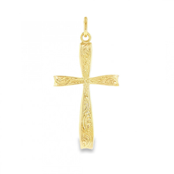 9ct Yellow Gold Feather Engraved Bow Cross Pendant - 15x27x2mm