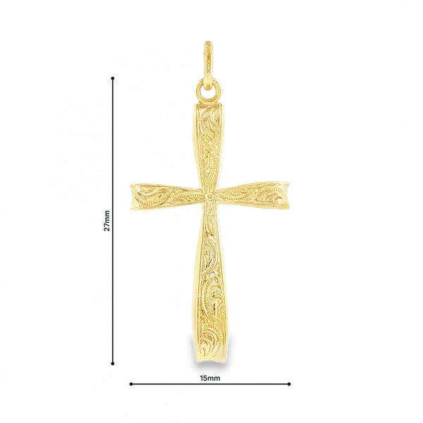 9ct Yellow Gold Feather Engraved Bow Cross Pendant - 15x27x2mm