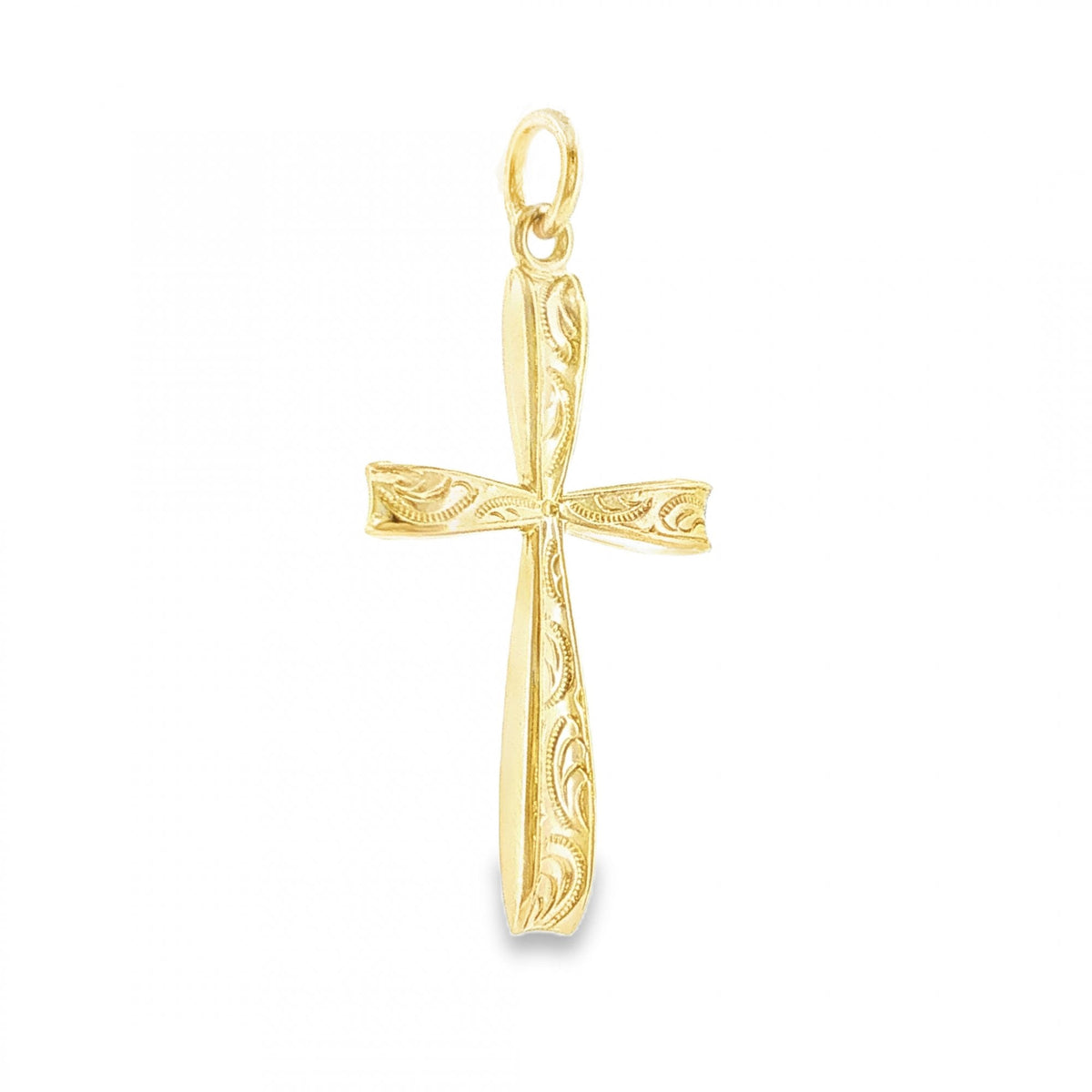 9ct Yellow Gold Feather Engraved Bow Cross Pendant - 15x27x2mm