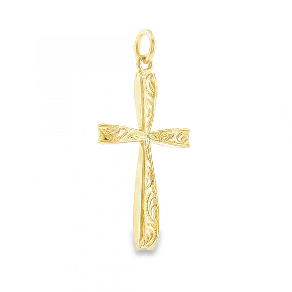 9ct Yellow Gold Feather Engraved Bow Cross Pendant - 15x27x2mm