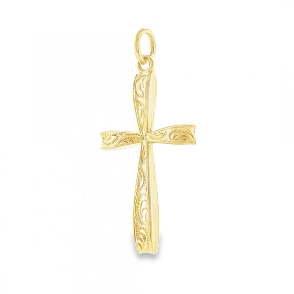 9ct Yellow Gold Feather Engraved Bow Cross Pendant - 15x27x2mm