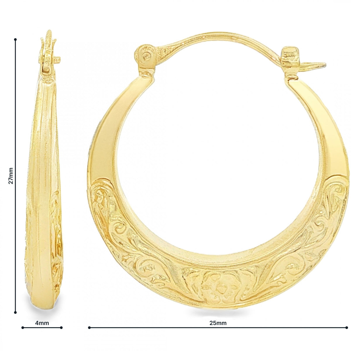 9ct Yellow Gold Half-Patterned Hoop Earrings - 4x27x25mm - 1.8g