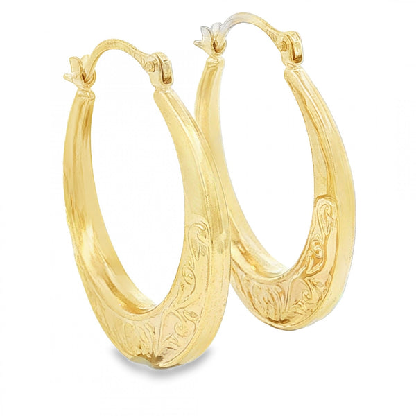 9ct Yellow Gold Half-Patterned Hoop Earrings - 4x27x25mm - 1.8g