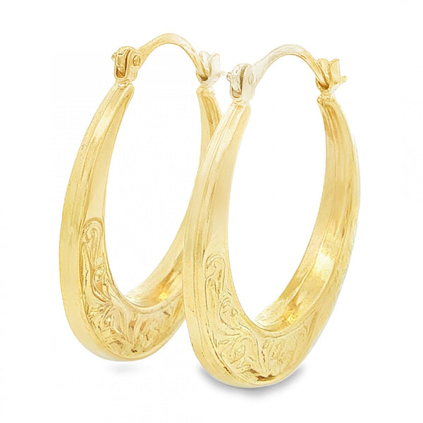 9ct Yellow Gold Half-Patterned Hoop Earrings - 4x27x25mm - 1.8g