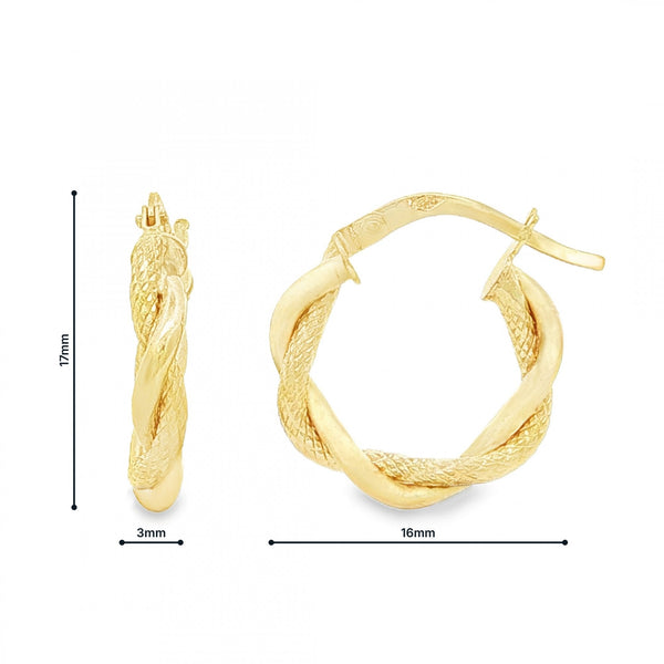 9ct Yellow Gold Intertwined Twist Hoop Earrings -3x17x16mm -1.0g