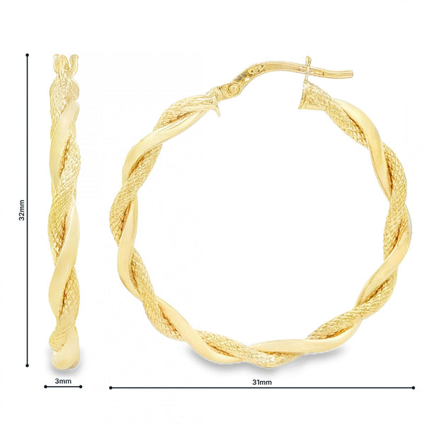 9ct Yellow Gold Intertwined Twist Hoop Earrings -3x32x31mm -1.8g