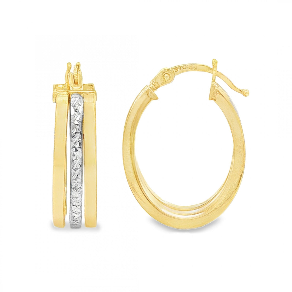 9ct Yellow & White Gold Triple Hoop Earrings - 5x20x15mm - 2.0g