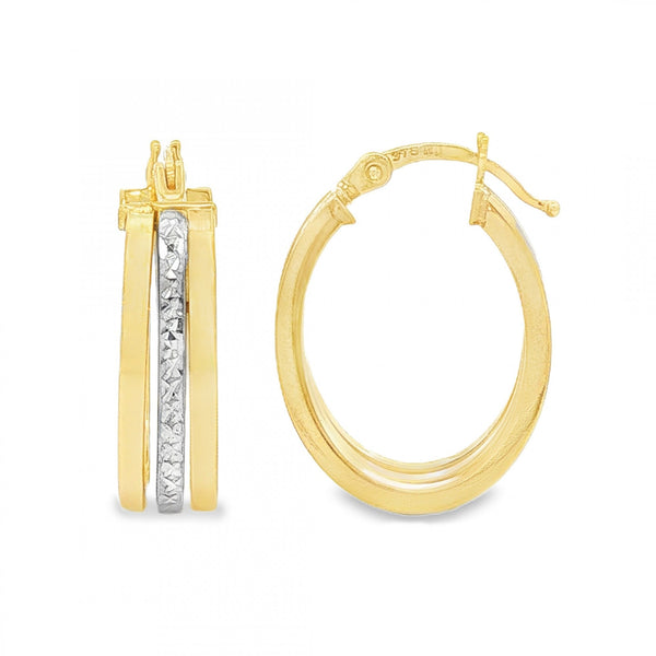 9ct Yellow & White Gold Triple Hoop Earrings - 5x20x15mm - 2.0g