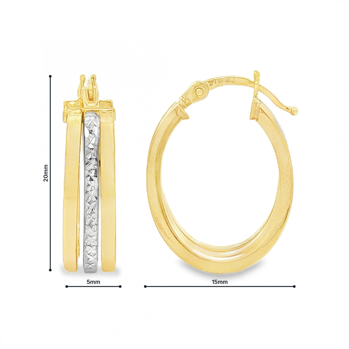 9ct Yellow & White Gold Triple Hoop Earrings - 5x20x15mm - 2.0g