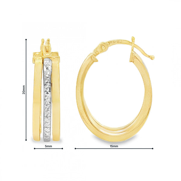 9ct Yellow & White Gold Triple Hoop Earrings - 5x20x15mm - 2.0g