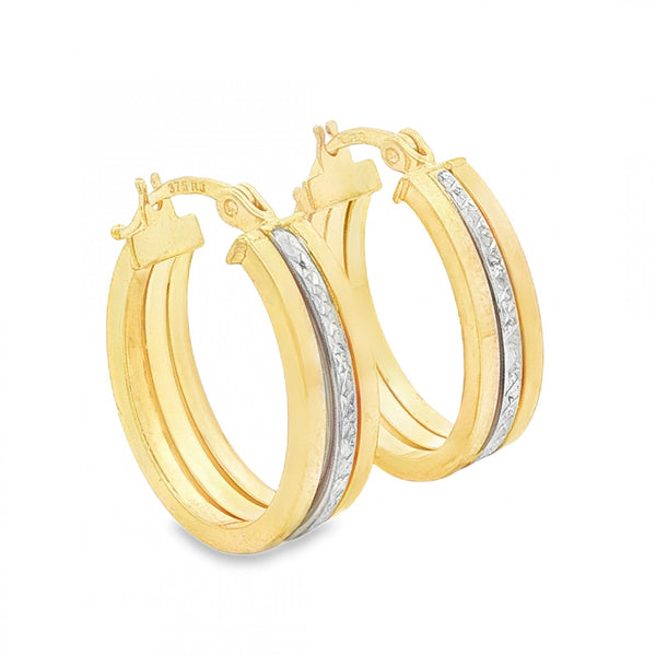 9ct Yellow & White Gold Triple Hoop Earrings - 5x20x15mm - 2.0g